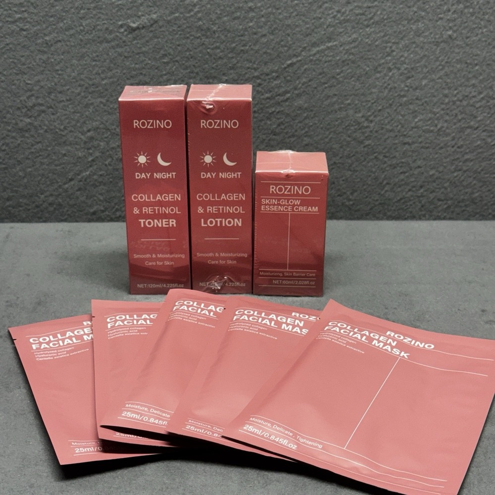 ROZINO Day Night Collagen Retinol Face Set: Cream, Toner, Lotion, Masks